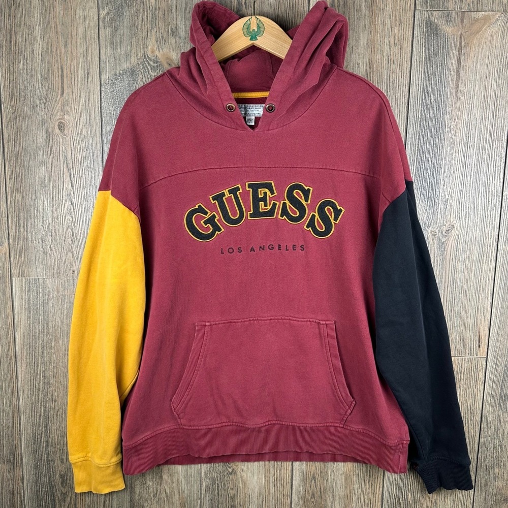Guess Originals Colorblock Hoodie Burgundy Yellow Black Los Angeles Mens Large